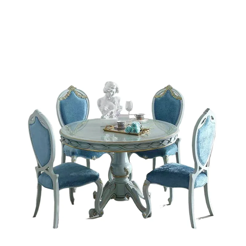 French pastoral light luxury solid wood armchair, high-end European small apartment peacock blue gold-painted fabric restaurant