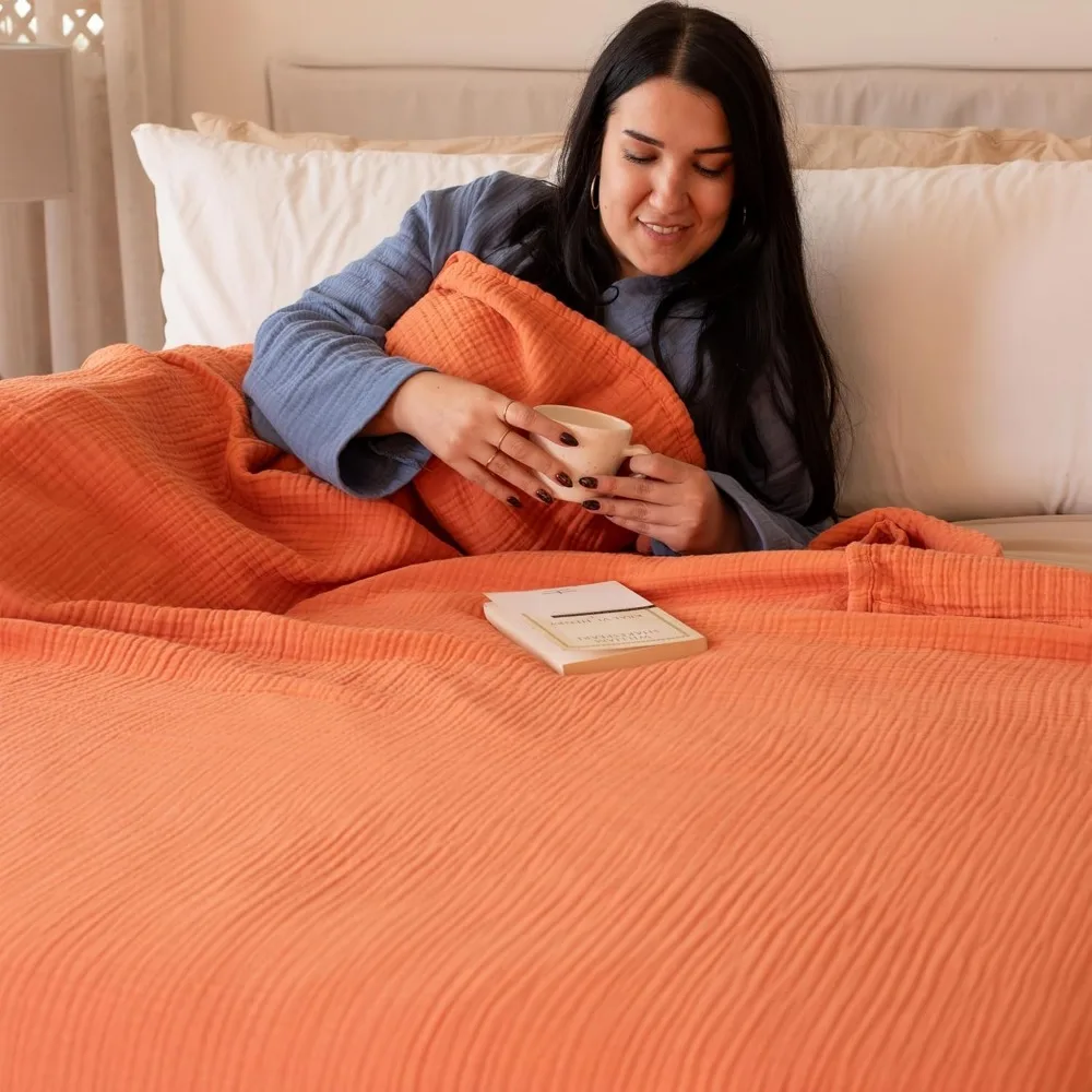 بطانية رمي قطن موسلين بحجم كينج كاليفورنيا - 95 × 126 بوصة، قطن تركي ناعم نقي 100%، لون تيراكوتا، مناسبة لـ #3