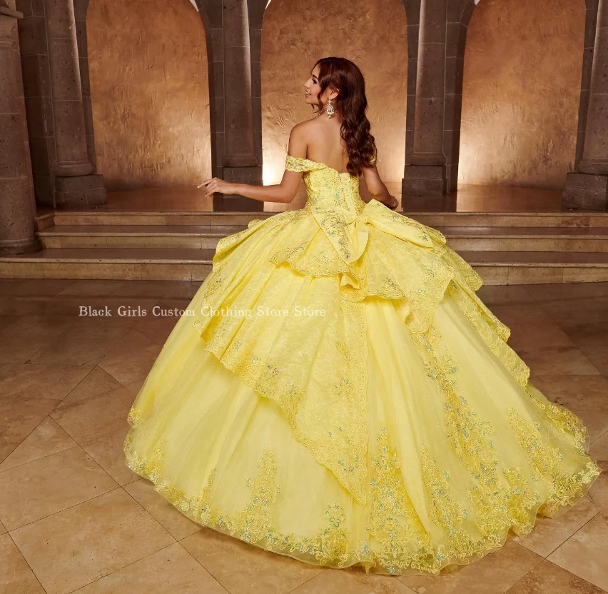 Tender Yellow Princess Quinceanera Dresses Exquisite One Shoulder Diamond Applique Tulle messico 16 corsetto muslimex squars