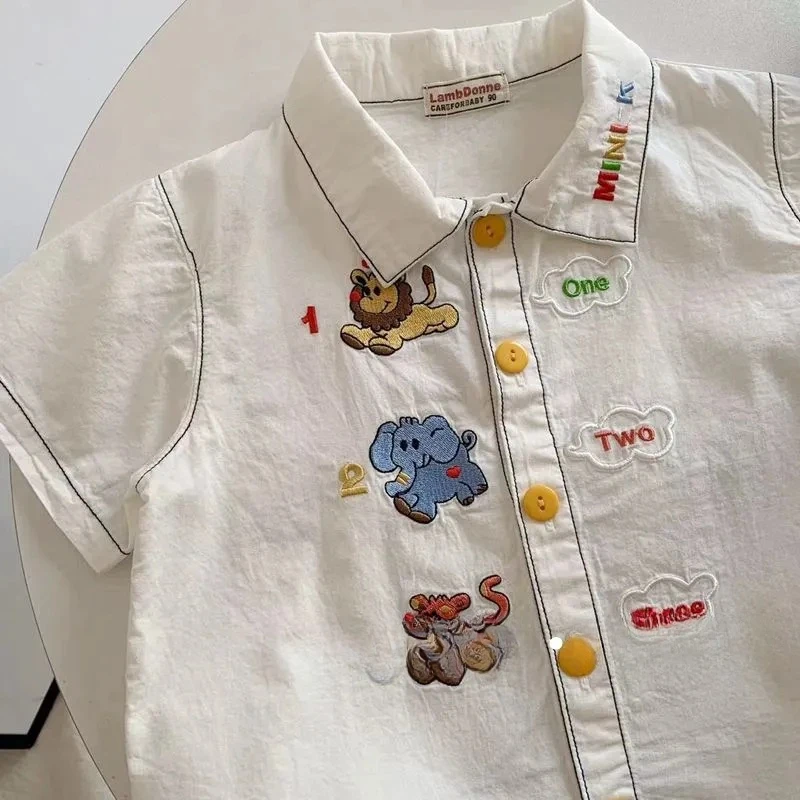 New Japanese style Boys cartoon embroidery white Shirt Kids turn-down collar short sleeve casual Tops