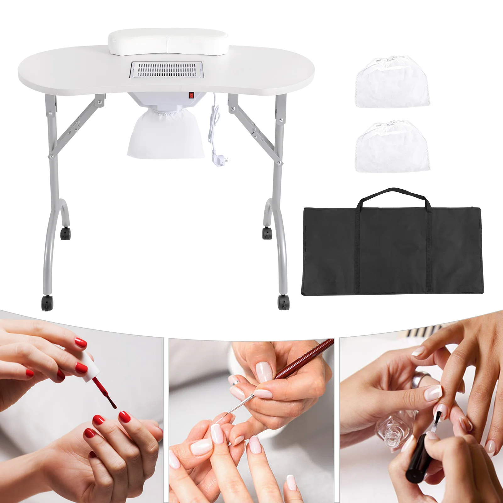 Foldable Nail Table w/Wheels Multifunctional Portable Manicure Table with MDF Table Top for Households