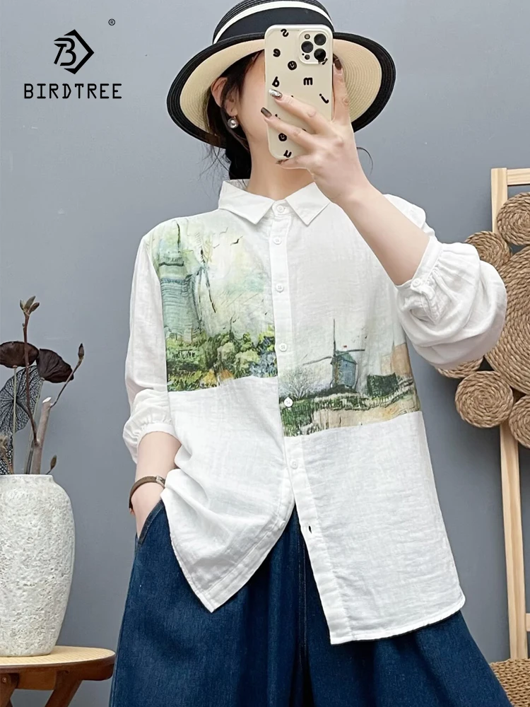 

New 2025 Autumn Cotton Yarn Long Sleeve Shirt, Women Turn-down Collar Print, Mori Girl Versatile Commute Loose Blouse T5N292CC