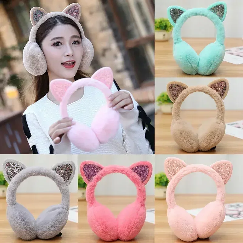Novo adorável inverno gato aquecedores de orelha glitter orelhas de pelúcia capa de orelha ao ar livre proteção contra frio orelha-muffs dobrável earflap