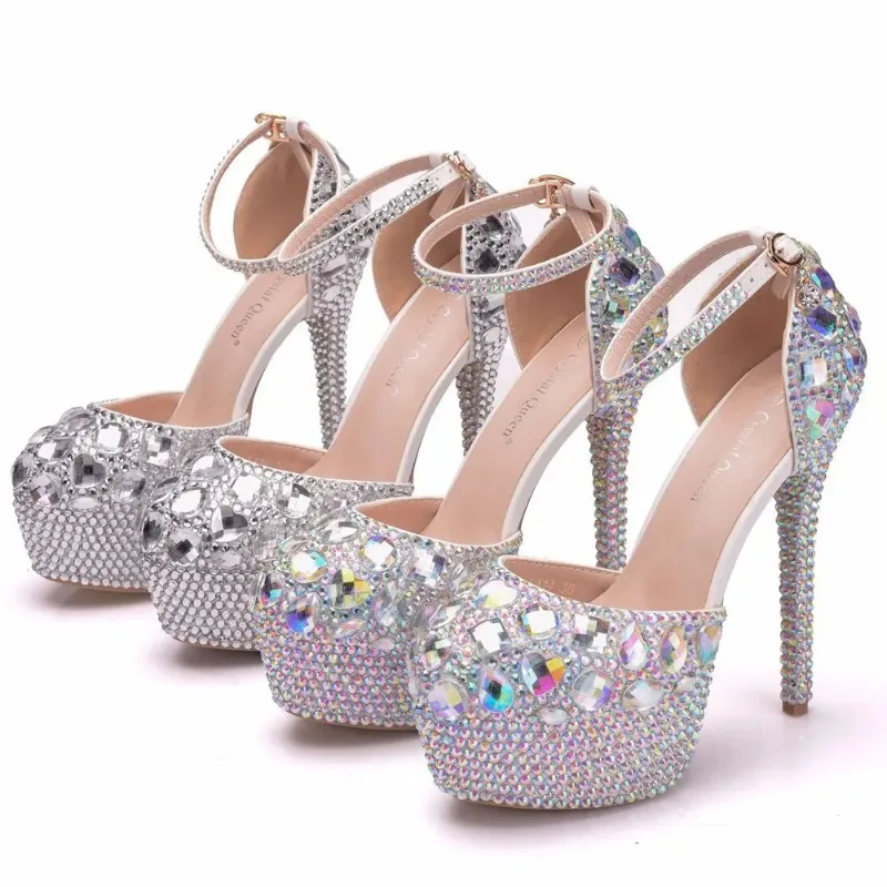 Summer New Women Slingbacks Sandals Buckle Pumps Rhinestone Crystal Platform PU 14CM Thin Heels Height Increasing Woman Shoes