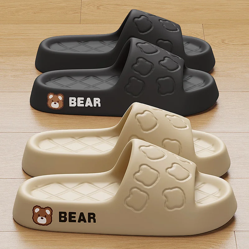 Litfun Thick Bottom Printing Slippers Women Cute Cartoon Bear Home Sandals Indoor Couple Beach Shoes EVA Soft Bathroom Slides