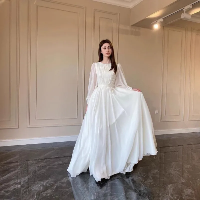 Long Sleeve Round Neck Gown Maxi Length Commuter Style with Princess Silhouette Zipper Front Princess Dress Summer for Women
