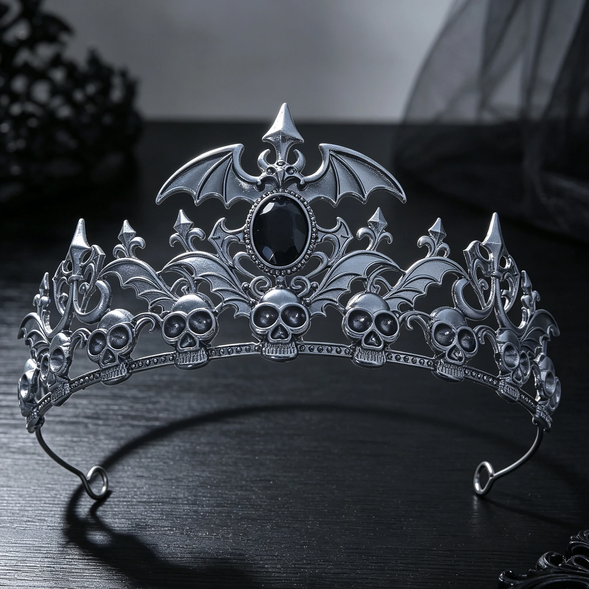 Antique Silver Skull Bat Tiara Rhinestone Gothic Headband Halloween Cosplay Dark Queen Witch Vampire Costume Party Hair Ornament - view 5