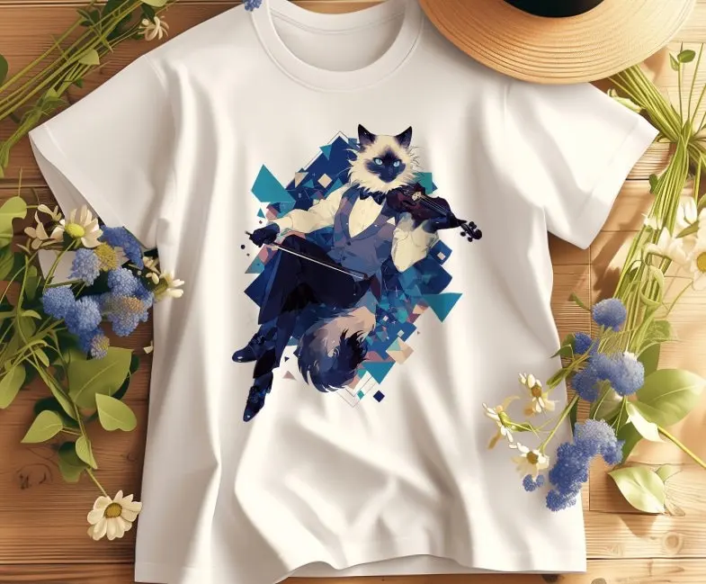 Abstract White Birman Cat Violinist T Shirt Artistic Musician Creative Feline Themed Clothing Unique for Lovers