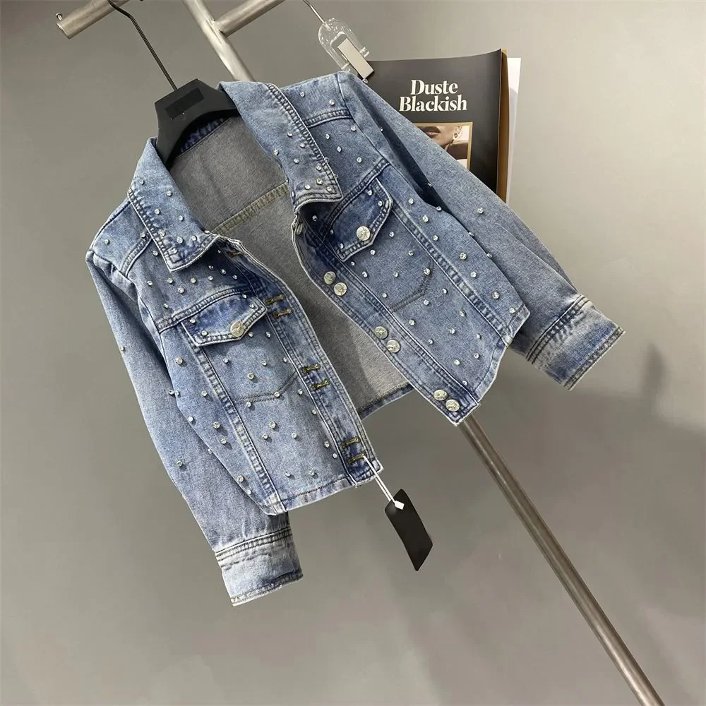 Veste en jean cloutée de diamants de style européen, cardigan printemps automne, haut classique à col rabattu, veste courte pour femme, vêtements de moto