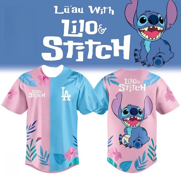 2025 T-shirt a tema Disney Lilo&Stitch Los Angeles Dodgers per abbigliamento estivo da donna, motivo cartone animato stampato, stile sportivo casual