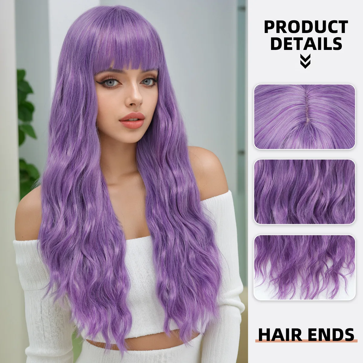 Cross border European and American wig, long curly hair, women's bangs, big waves, purple full head cover