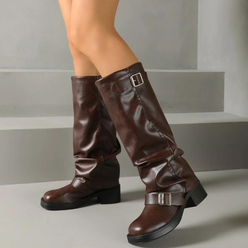 Women Vintage Faux Leather Knee High Boots Double Buckle Ruched Block Heel Shoes Casual Autumn Winter Knight Long Boots