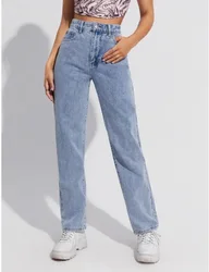 Jeans jeans de cintura alta feminina com bolsos, calça vintage, calça jeans casual, ajuste solto, monocromático, reto, apto, básico, 2024