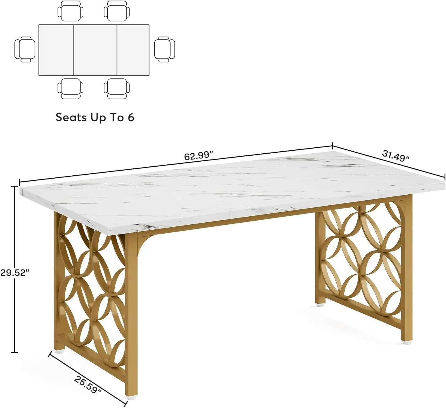 Dining Table, 63-inch Modern Marble Dining Room Table for 6 People, Rectangular Kitchen Table with Gold Metal Frame for Kitchen