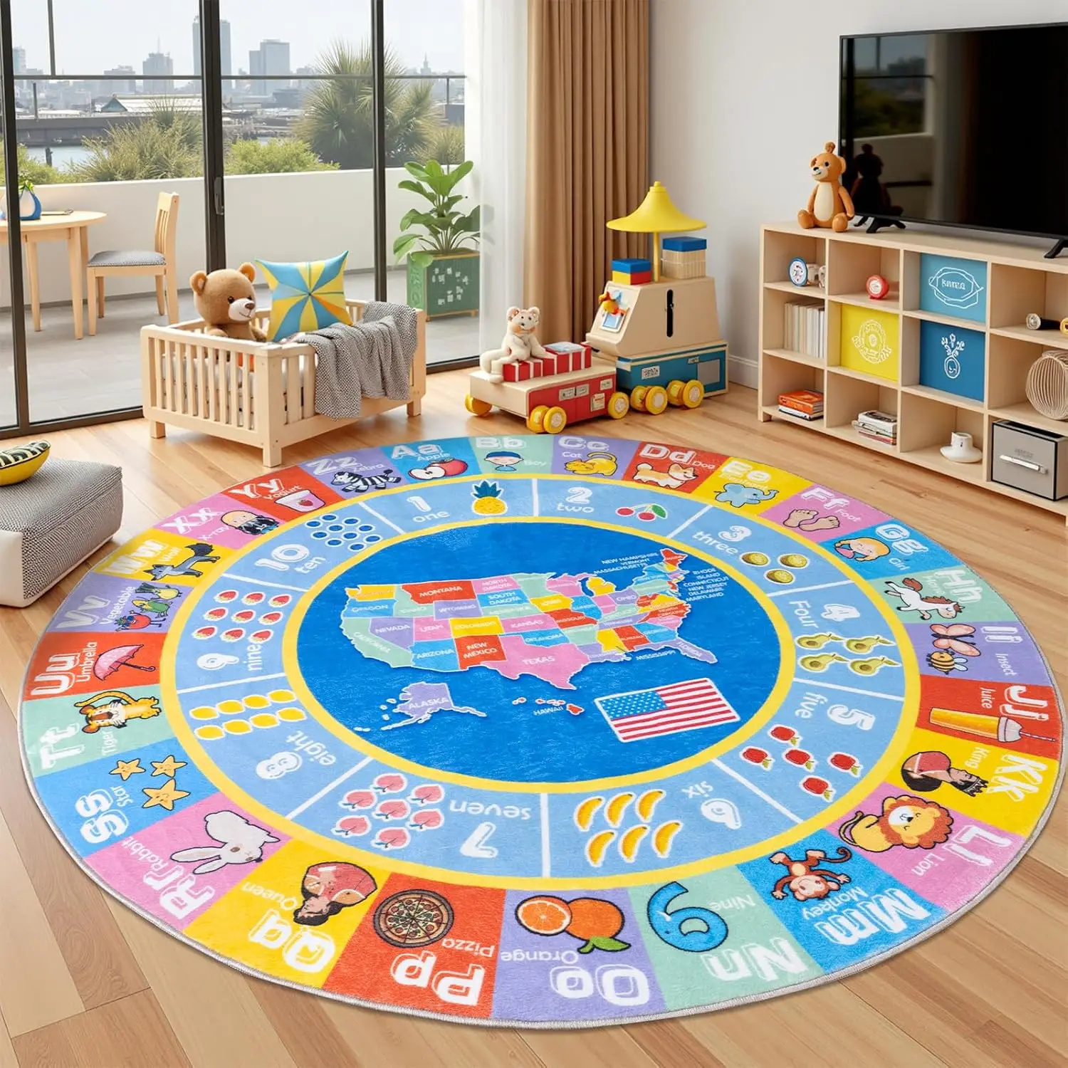 Fun Educational Kids Play Mat Circle Rug USA Map Learning ABC Numbers Kindergarten Preschool Montessori Toddler Indoor Floor Act