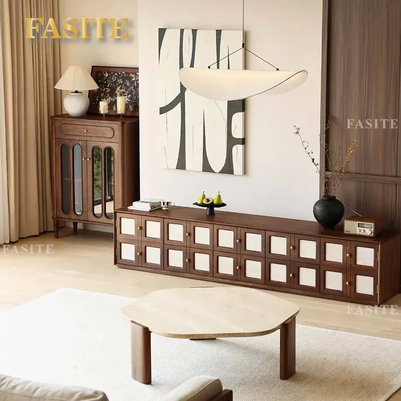 for North American Black Walnut Medieval Solid Wood TV Cabinet Retro Rock Slab Multi Grid Floor Audio Visual Side