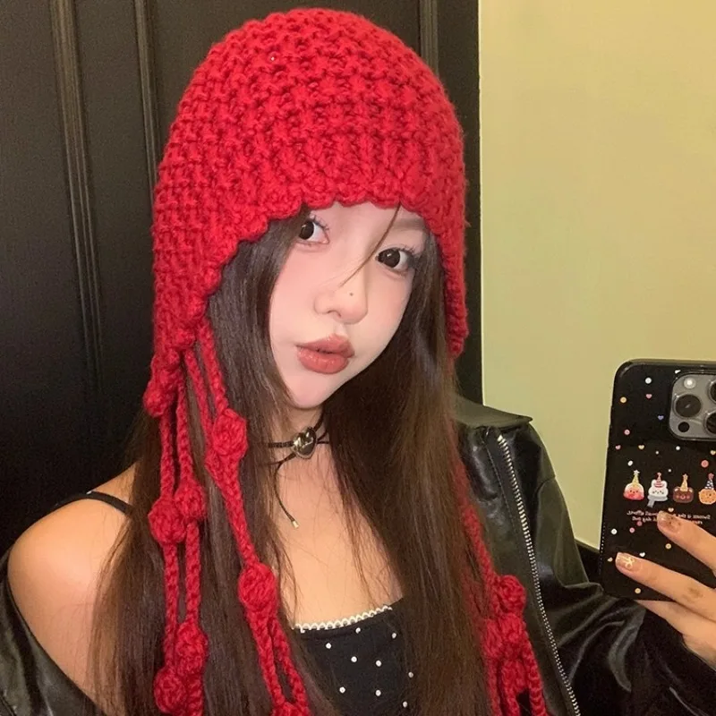 

New National Style Wool Hat Hollow Knit Ethnic Fringe Design Hat with Ear Flaps Winter Thermal Thickened Cap for Extreme Cold
