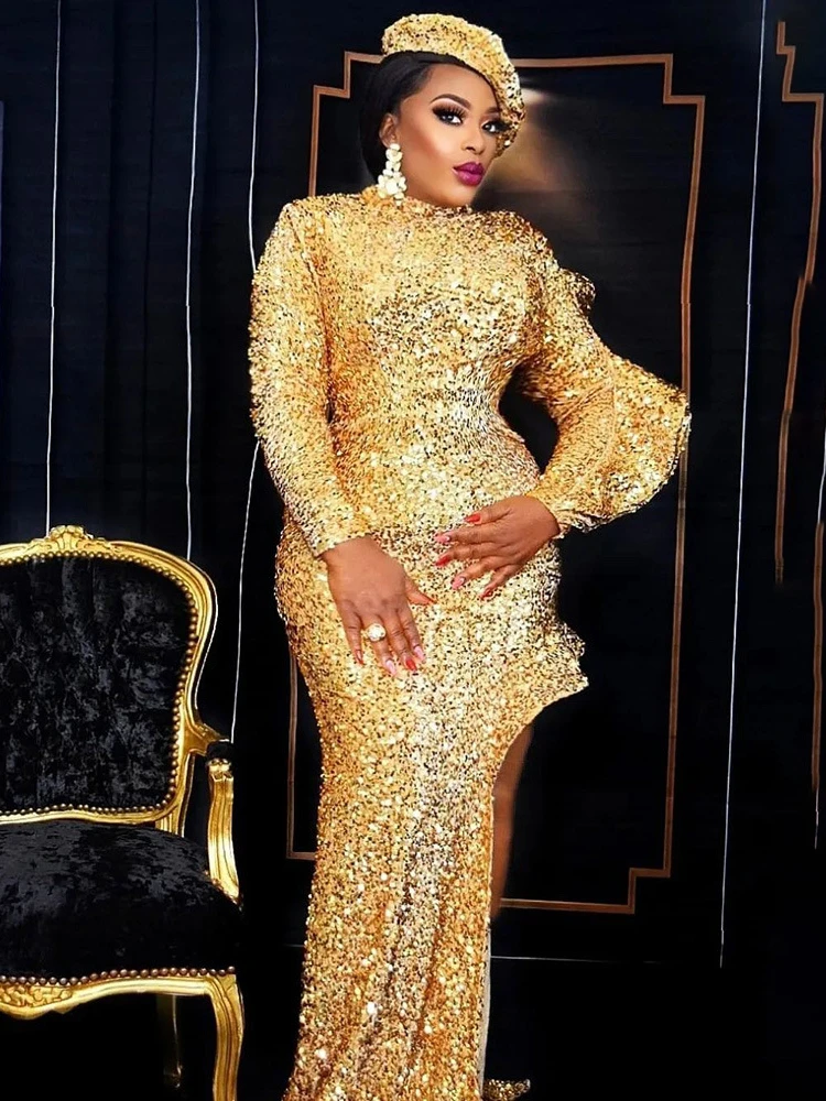 

Luxury Gold Sequin Dress with Hat High Neck Slit Floor Length Maxi Robes Long Sleeve Fall Winter Sparkly Party Evening Clothes