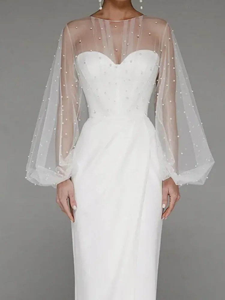 

Элегантное тюлевое платье с жемчужной отделкой и прозрачными вставками, с открытой спиной, приталенное, длинное, новинка 2026 года, для вечерних мероприятий и ужинов, Vestido