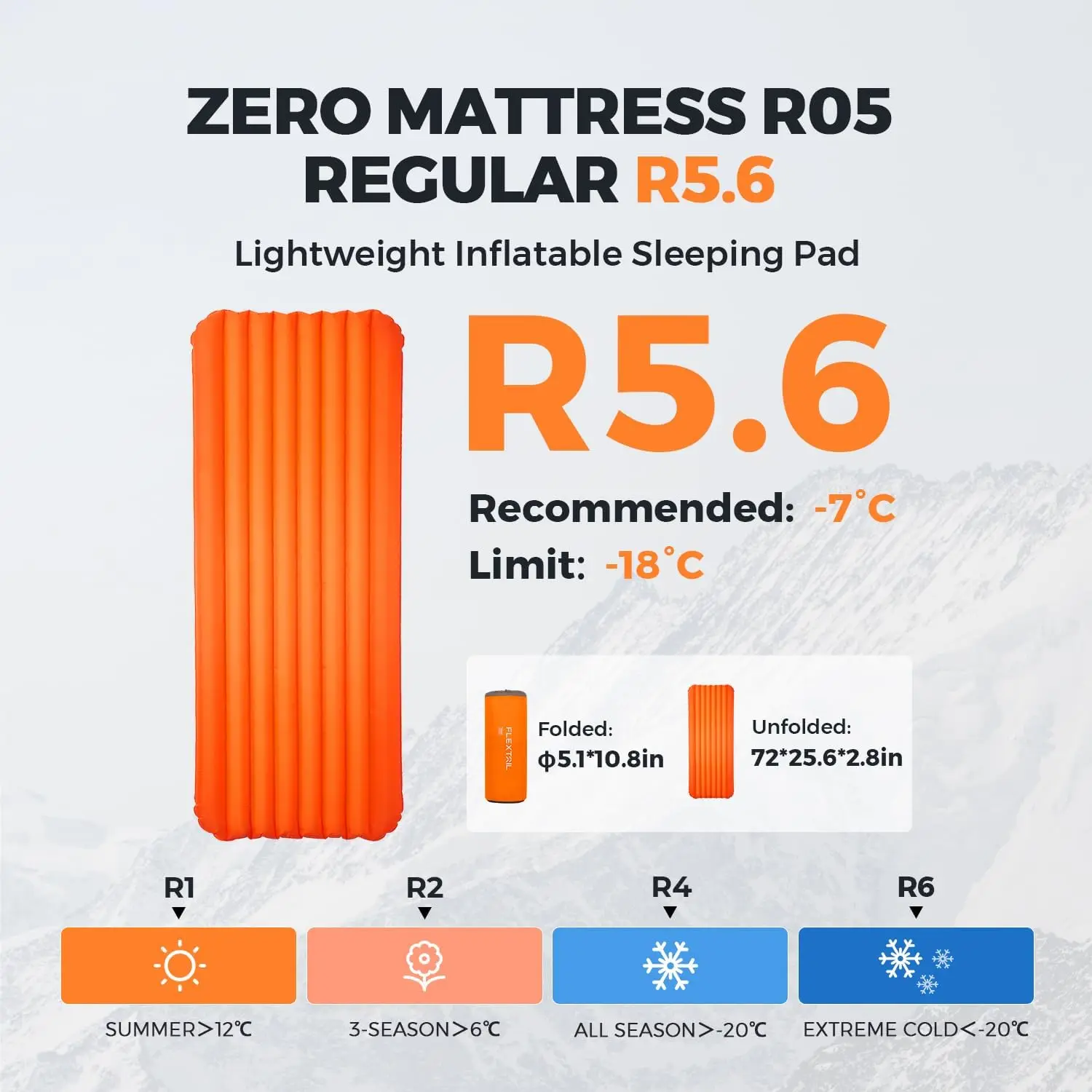 Almofada de dormir inflável com valor 5R – colchão de acampamento ultraleve de 2,8 polegadas, equipamento de mochila compacto para 4 estações Essentials para