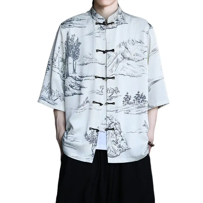 

Summer New Chinese Style Men's Loose Retro Large Chinese Knot Button Hanfu Short Sleeve Shirt