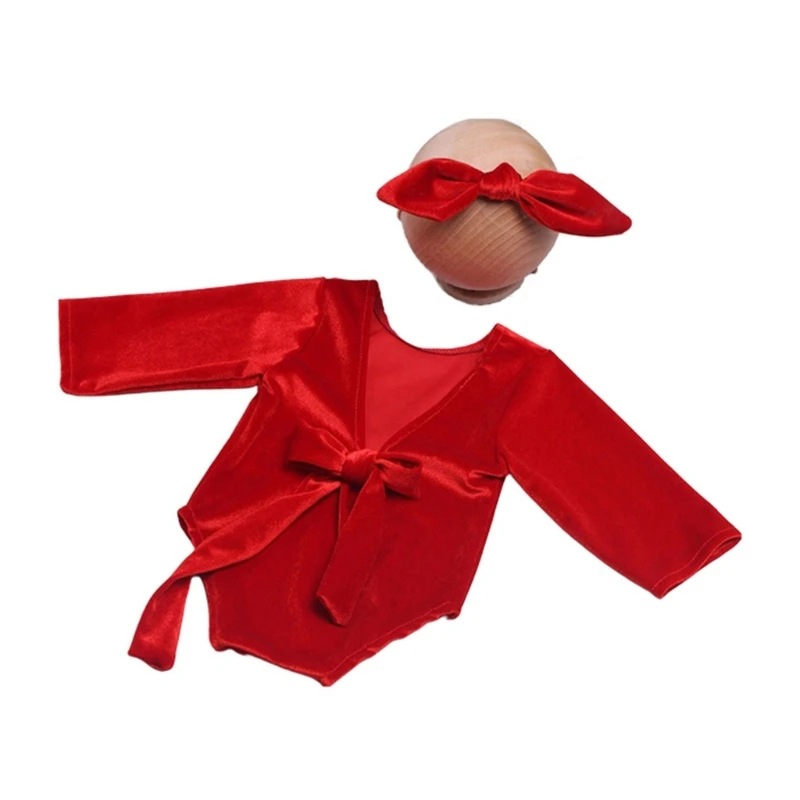 Newborn Photo Props Bowknot Headband Backless Red Jumpsuit Posing Clothes Baby Photography Suit Infant Christmas Costume