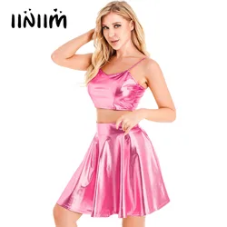 Womens Rave Outfits Metallic Shiny Skirt Sets Camisole Adjustable Spaghetti Strap Crop Top with High Waist Ruffle Skirt Clubwear