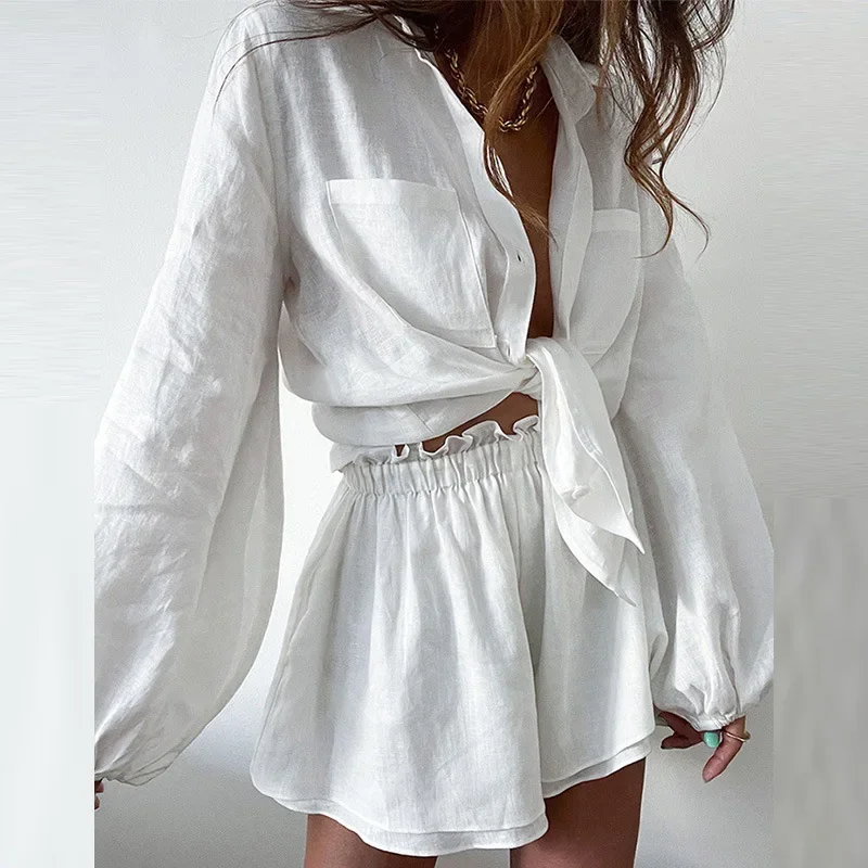 2023 Women Spring Summer Bohemian Shorts Sets Solid White Loose Fit Outfits Blouse Suit 2 Two Piece Set For Women