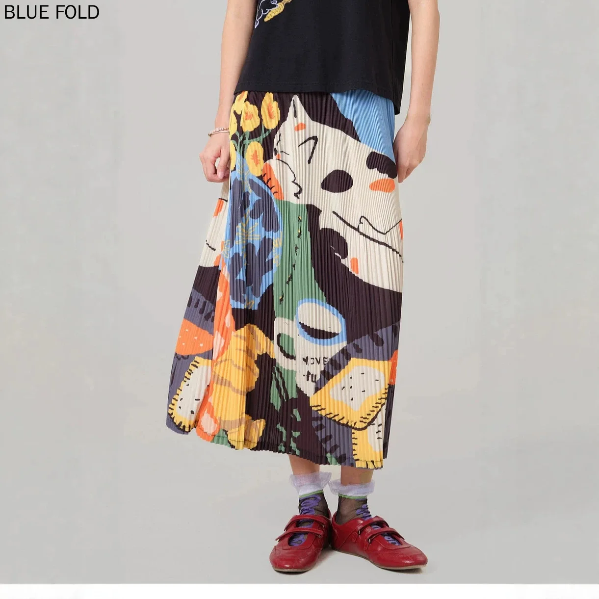 Falda Plisada Miyake para Mujer, Diseño Artístico con Estampado de Gato, Cintura Alta, Plisada, Largo Medio, Corte en A