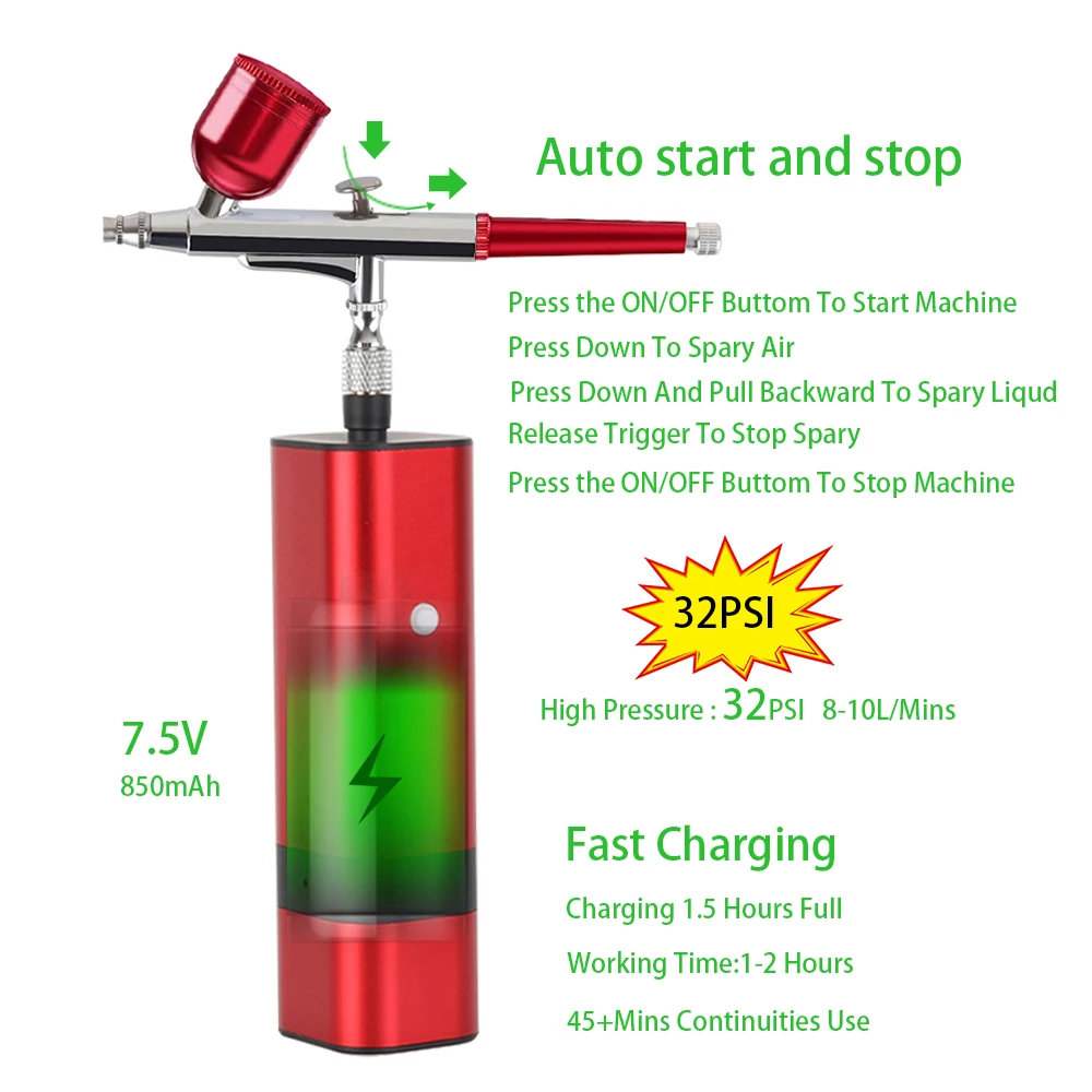 Mini aerografo a batteria RIBO 32PSI con kit compressore TM80S-131 Pistola a spruzzo portatile a doppia azione Macchina per ossigeno facciale di