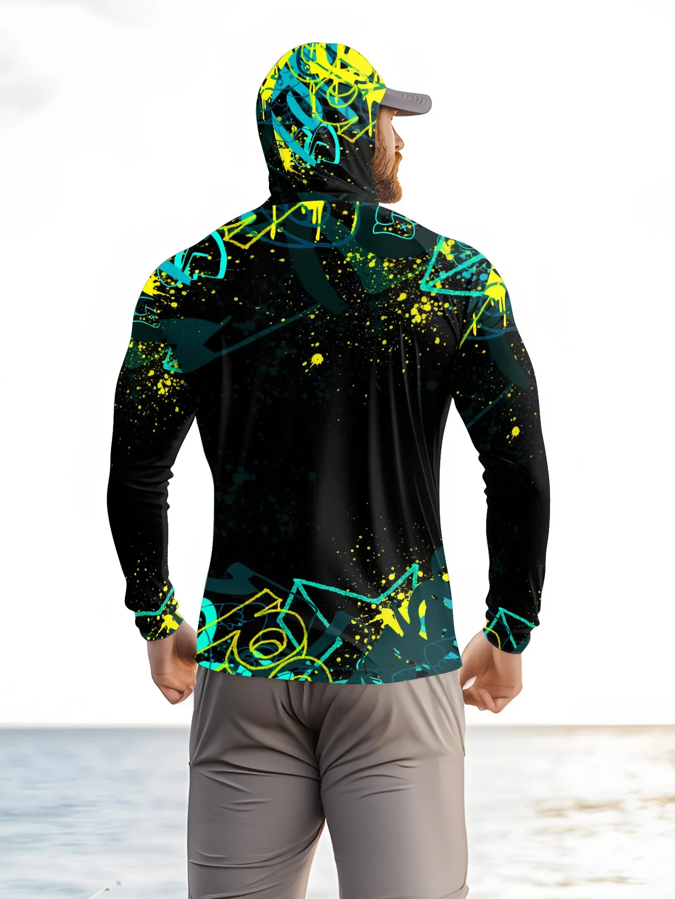 Men UPF50+ Fishing Hoodie With Face Mask Graffiti Print Long Sleeve Quick Dry Sun Protection Outdoor Fishing Shirts Tops view 3