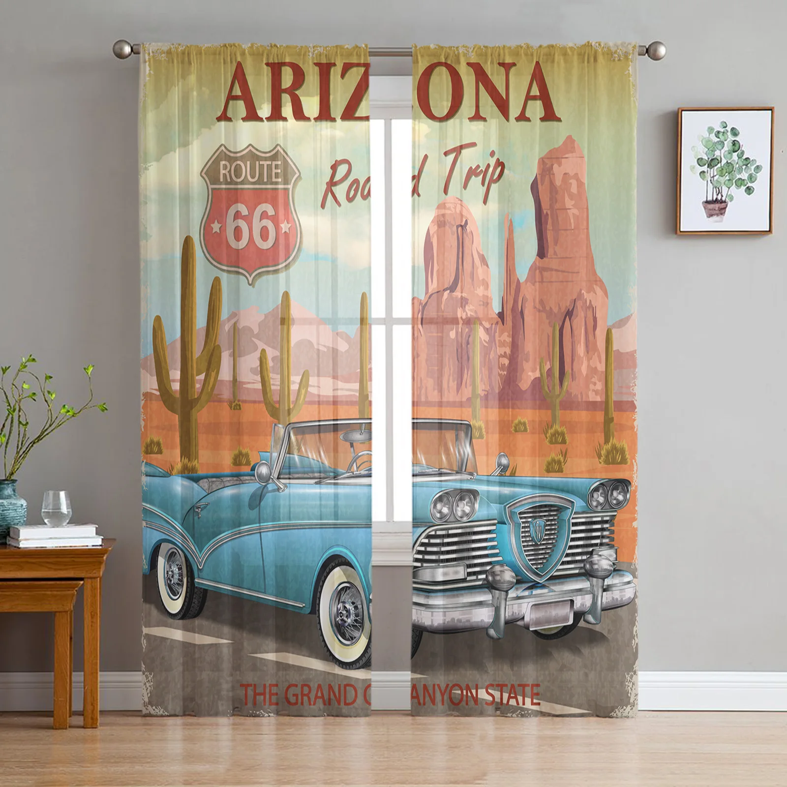 Vintage Car Desert Cactus Plant Stones Retro Sheer Curtains for Living Room Decor Window Curtains Kitchen Tulle Voile Curtains