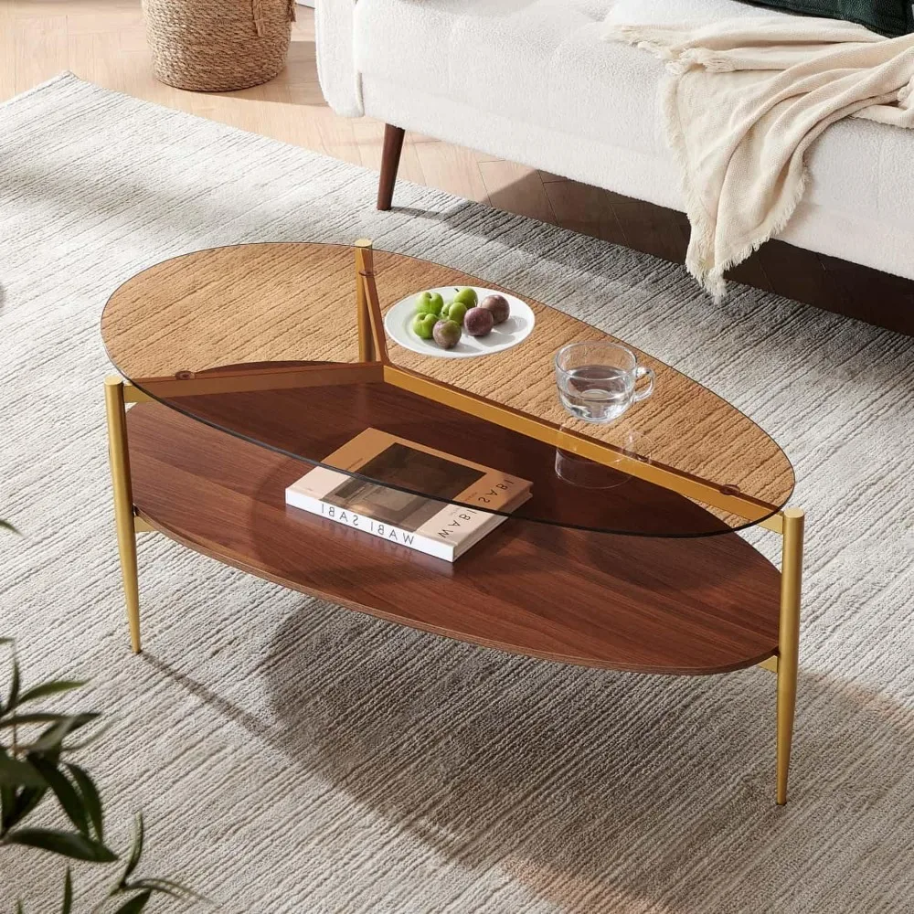 

Oval Glass Coffee Table, Mid-Century Modern Design, L43 x W21 x H17 inch, for Living Room, 2-Tier Structure, Amber Glass Top, Wa