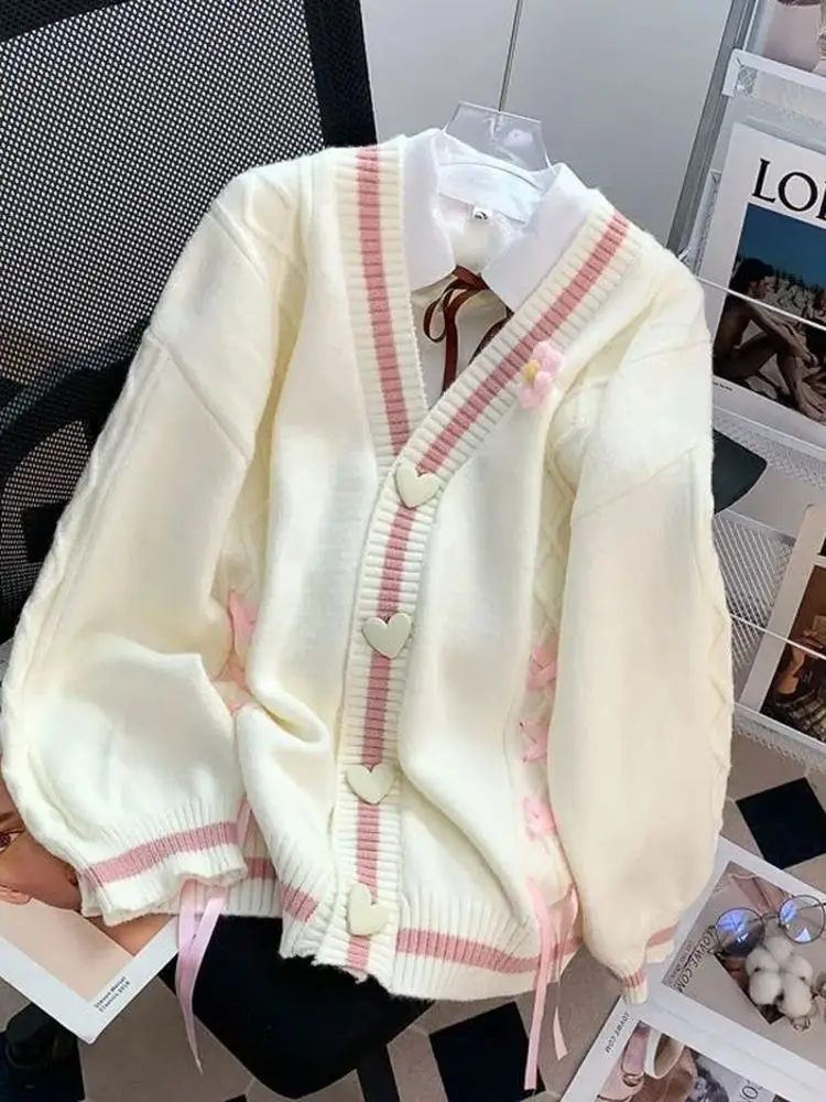 Loose Women's Knitted Sweater Coat Knot Design Winter Fashion Casual Pure Color V-Neck Long Sleeve Open Cardigan