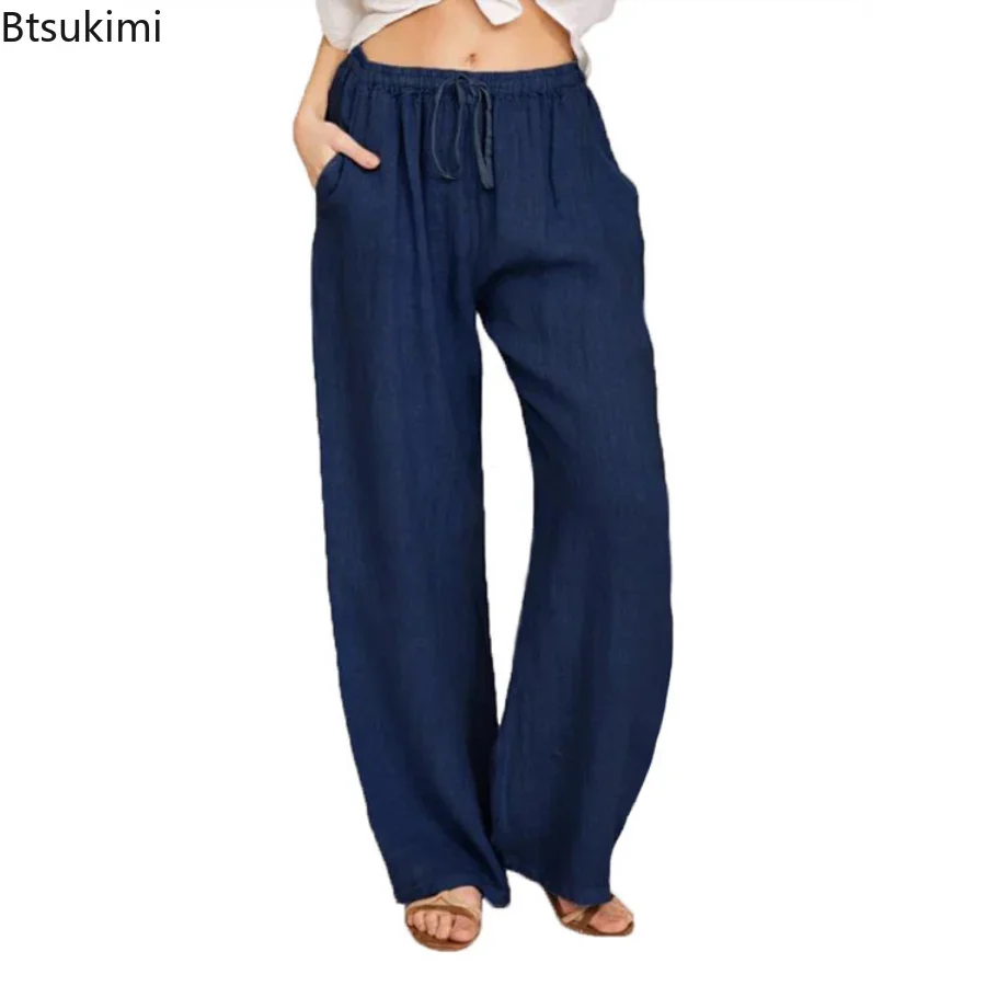 2024 Damen lässig Baumwolle Leinen lange Hosen solide Kordel zug Hose für Frauen Streetwear Bottom Hosen weibliche Pantalones Mujer