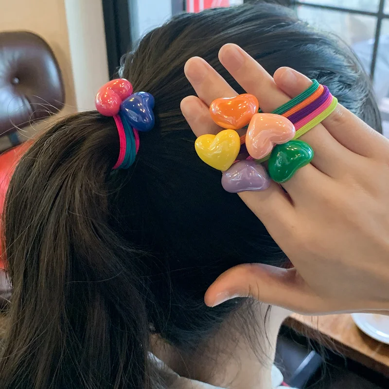 

1pair Cute Acrylic Heart Elastic Hair Bands Set for Girls Cartoon Hair Ties Sweet Hair Accessories