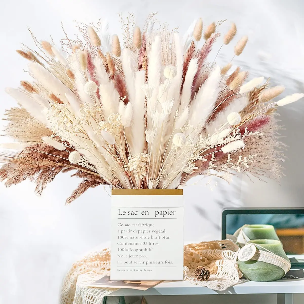 

109 Pieces Dried Pampas Bouquet Home Decor White Puff Grass Boho Flowers for Home Wedding Office Farmhouse Decor Phragmites