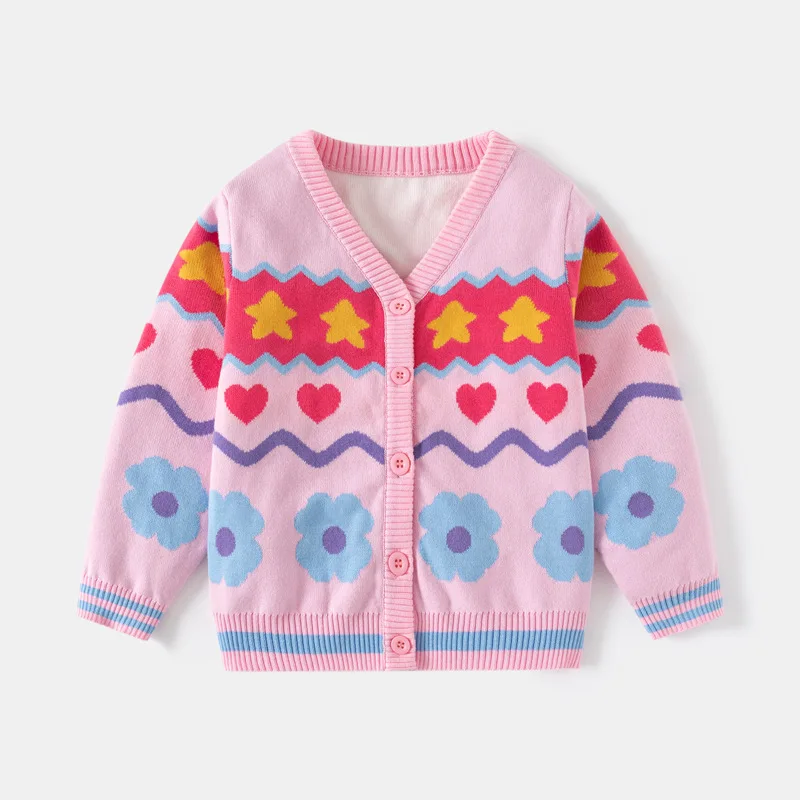 Korean Children Coat Girl Jacket Rainbow Striped Knit Cardigan Sweater Autumn Winter Stars Love Kid Flower Fashion Outerwear