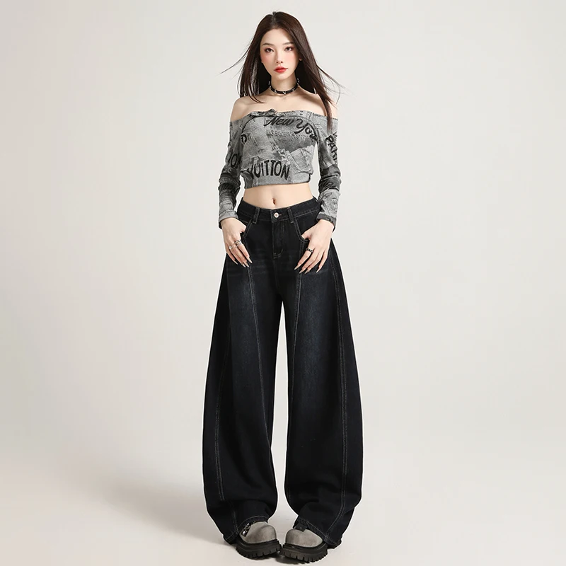 

Популярные синие широкие джинсы с вышивкой Y2K для женщин, свободные повседневные модные брюки в пол с прямыми трубками