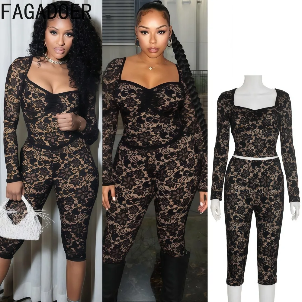 

FAGADOER Sexy Lace 2 Pieces Set for Woman Outfit See Through Long Sleeve Crop Top + Pants Matching Female Streetwear 2025 New