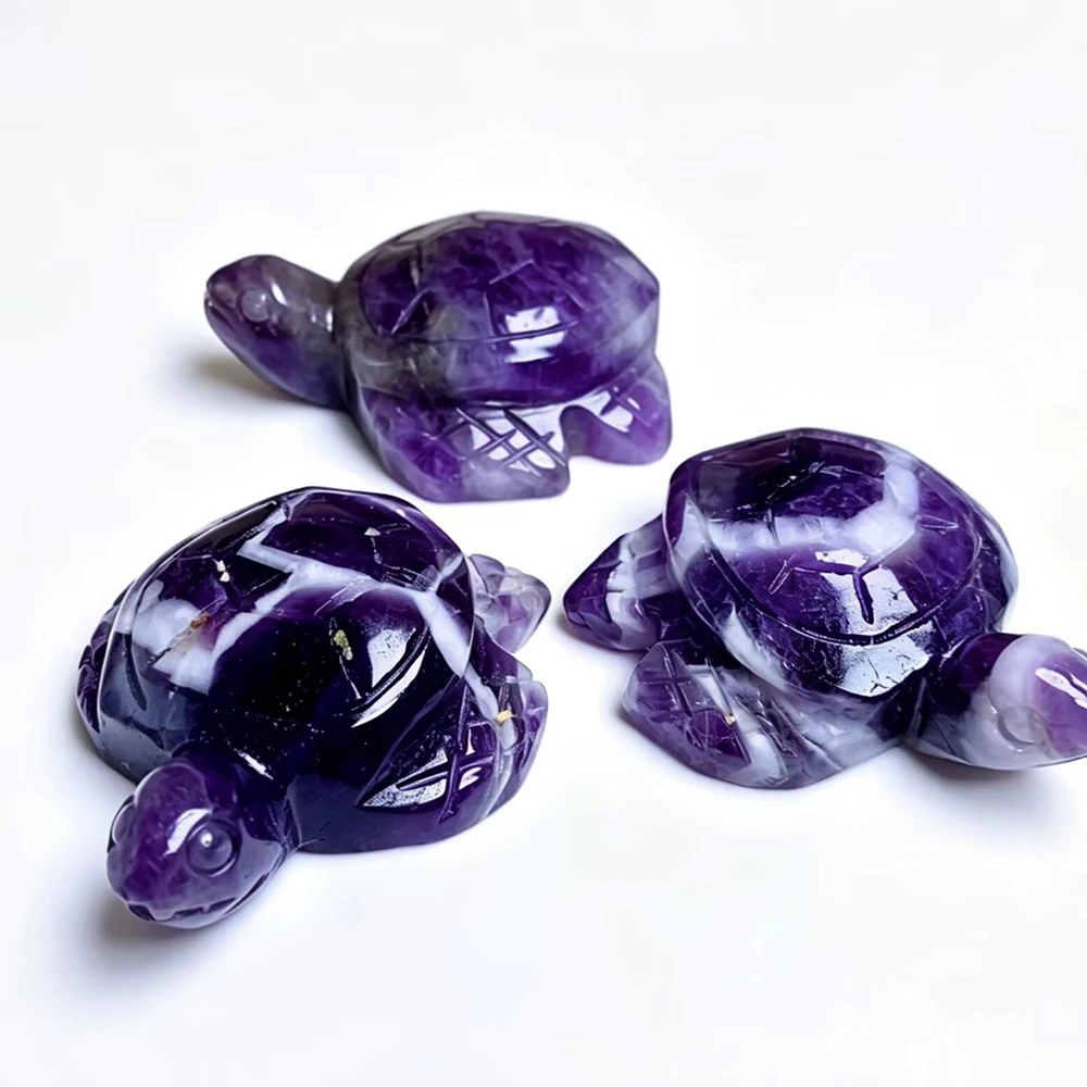 Hand Carved Natural Dreamy Amethyst Turtle Polished Purple and White Banded Crystal Animal Figurine Home Desk Ornament Gift