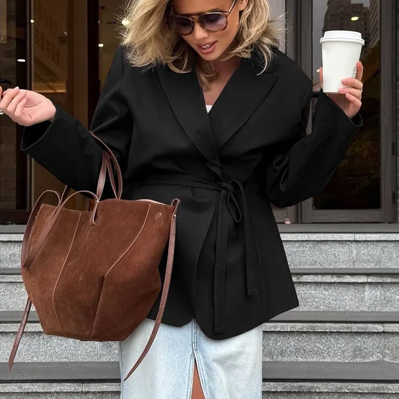 Outono feminino terno 1 peça blazer mangas completas jaqueta com cinto marrom preto formal senhora do escritório casamento convidado noite casaco de noiva