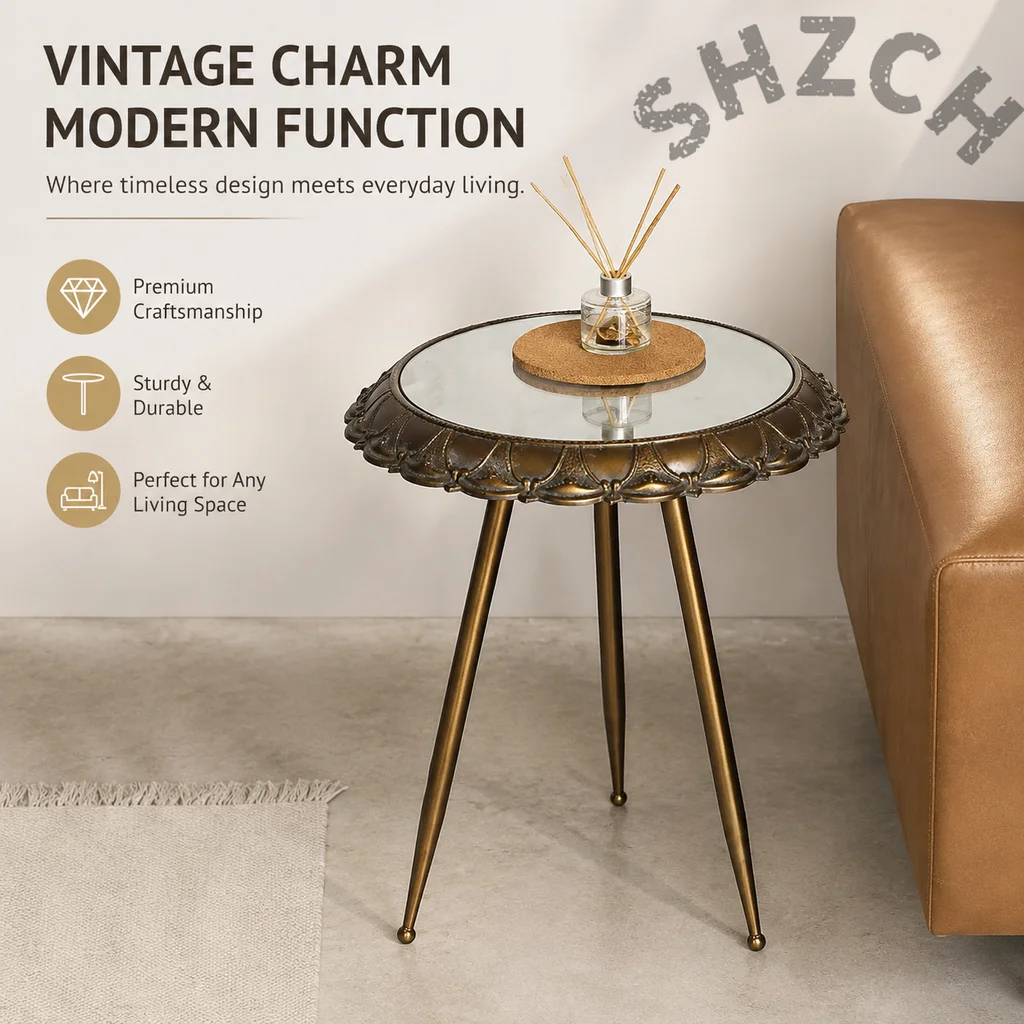 Retro Round Coffee Table with Mirror Top and Wrought Iron Frame – Vintage-Inspired Living Room Accent Table