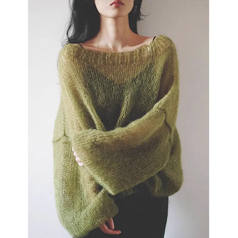 

Hollow Sweater Women's One-word Collar High-end Mohair Green Fashion Early Autumn Explosion Pure Hand-woven Top
