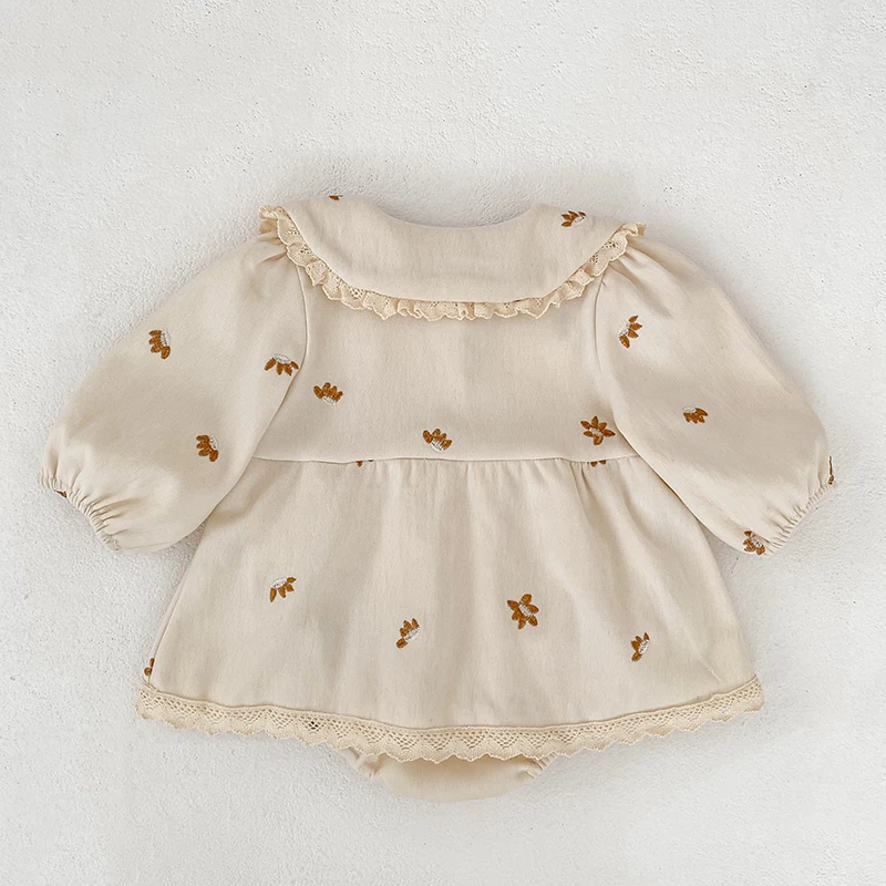 Baby-Mädchen-Stramplerkleid, langärmelig, mit Spitze, Peter-Pan-Kragen, Blumenstickerei, Baby-Overall, Frühling/Herbst, Kleidung für Kleinkinder, 0–24 Monate. – Detail 3