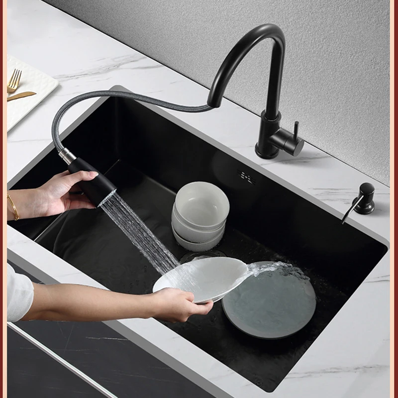Kitchen Sink Nanometer Antibacterial Black 304 Stainless Steel Single Kitchen Sink Drain Basket And Drain Pipe Free Shipping