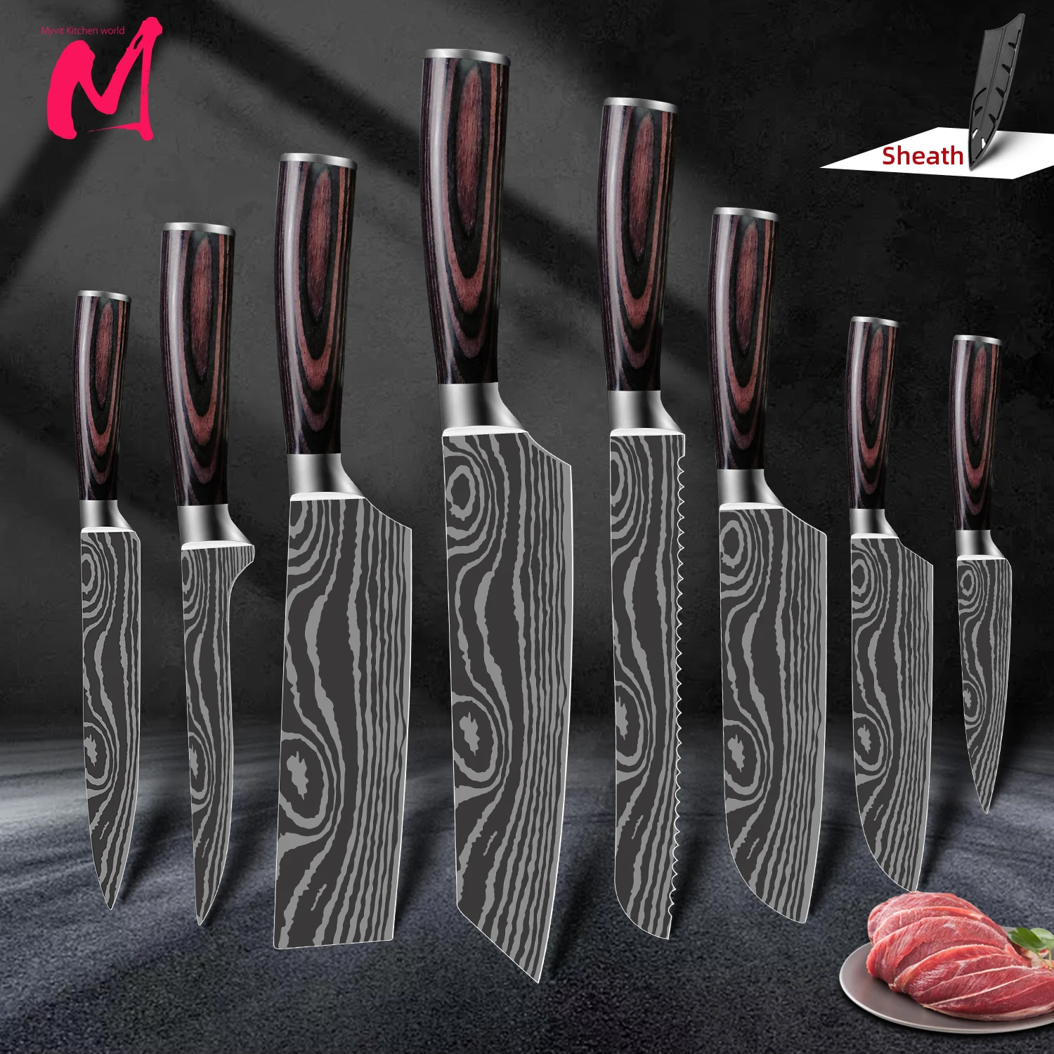 kitchen knives 7CR17 High Carbon Stainless Steel Damascus Drawing Gyuto Cleaver Set Slicer Santoku Knife Chef knife