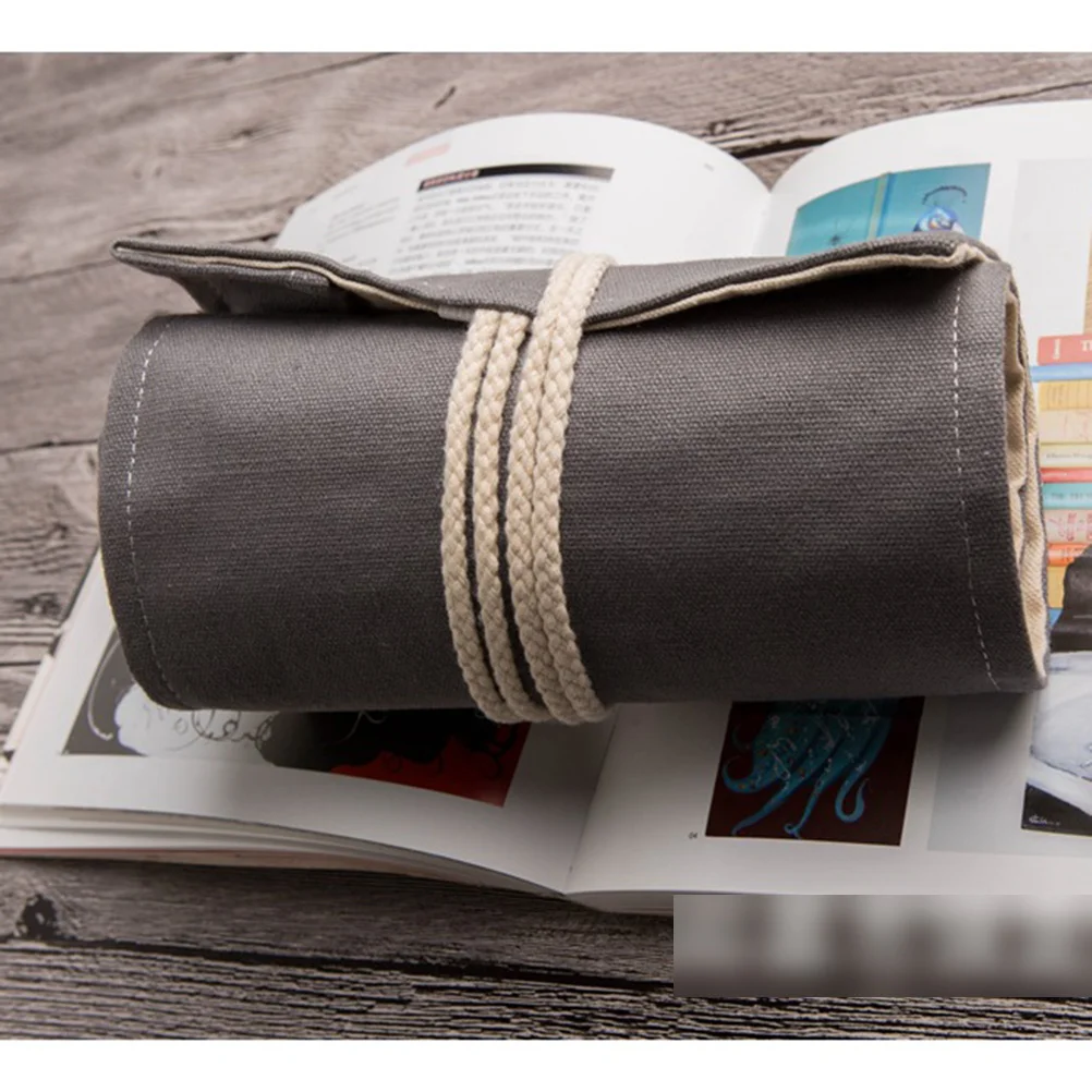

Dark Grey Canvas Colored Pencil Bag 36 Slots Pencil Storage Organizer Roll Up Design with Closure String for Travel School