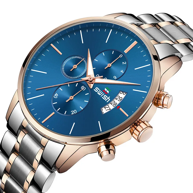 SWISH Men Wristwatch Blue Dial Sport Quartz Clock Men's Watch Calendar Chronograph Hand Multifunction Dial Luminous Hand