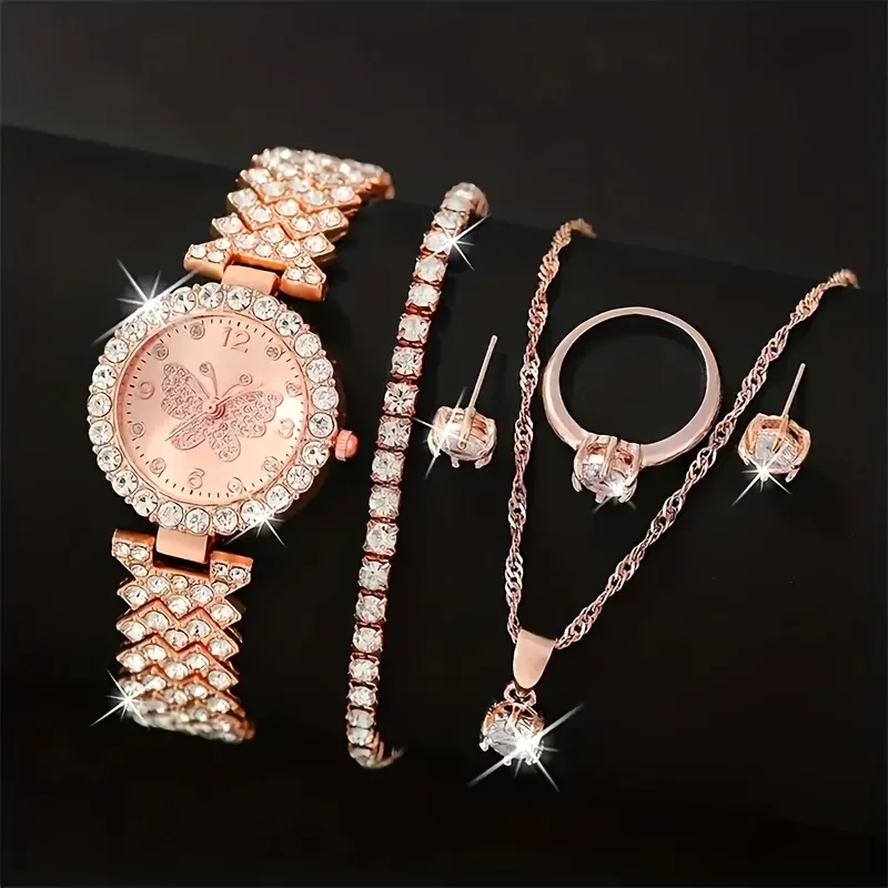 

6pcs Rose Golden Quartz Watches For Women Alloy Wrist Watch Butterfly Jewelry Set Great Gift For Her Mom Girlfriend Gifts For Ei